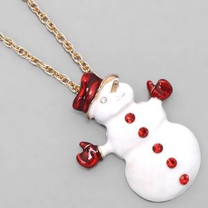 Snowman Long Chain Necklace Red White Stones Xmas